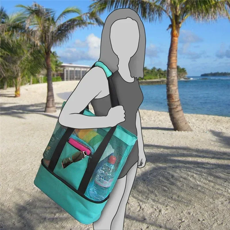 Wasserdichte Strandtasche mit Kühlbox – Strandtaschen für Damen, Urlaub, Strandutensilien, Pooltasche und Netztasche