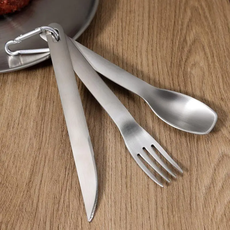 Hot 3Pcs 304 Stainless Steel Cutlery Set Knife Fork Spoon With Carabiner For Home Travel Camping Picnic Portable Tableware Set