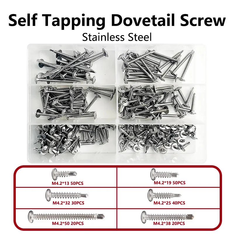 

210pcs/Box M4.2 Dovetail Screw 410 Stainless Steel Countersunk Head Self Drilling Screws Cross Drill Tail Screws