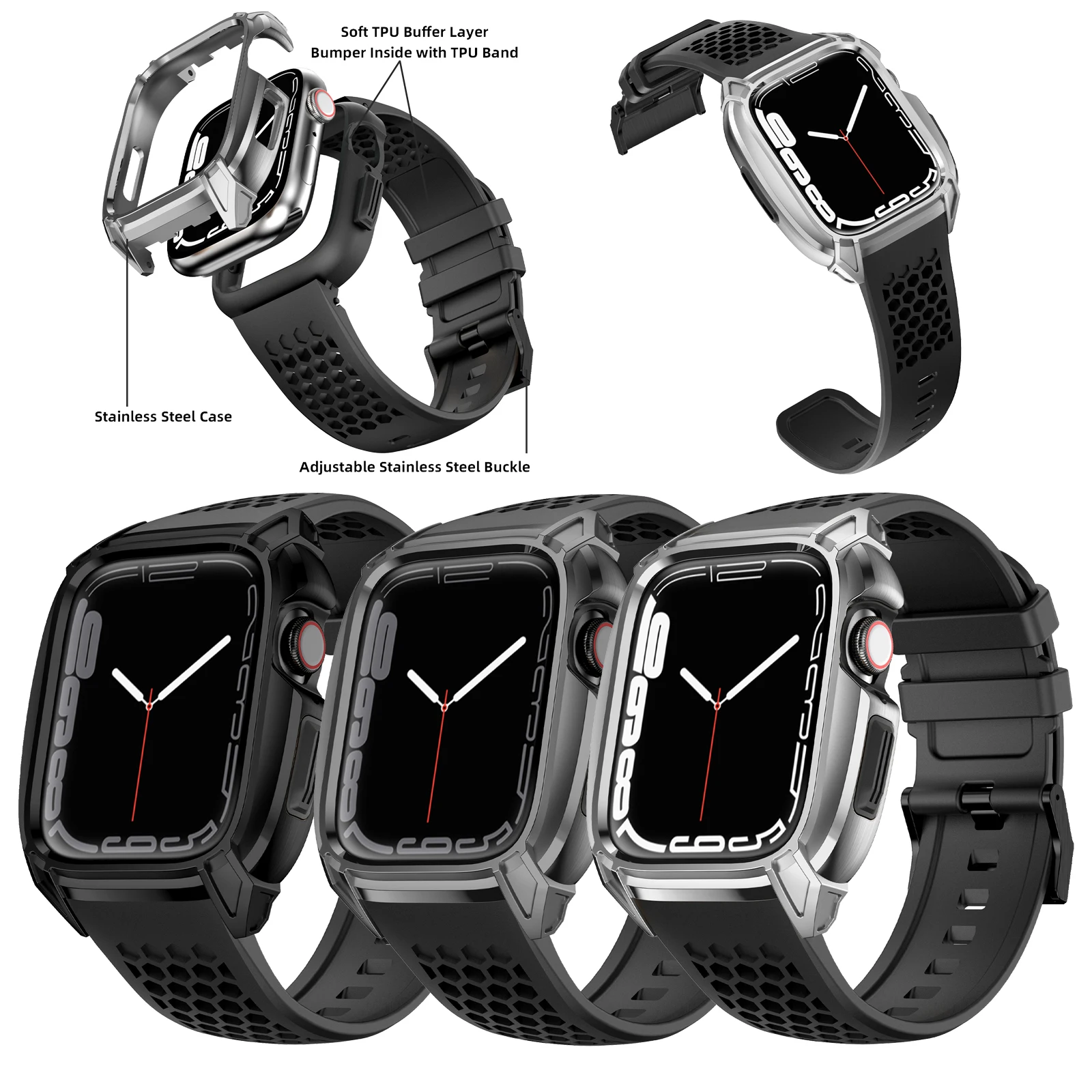 

Rugged Watch Band With stainless steel Protective case for Apple Watch 44mm 45mm Series 8 7 6 SE 5 4 strap for iwatch 45 44 mm