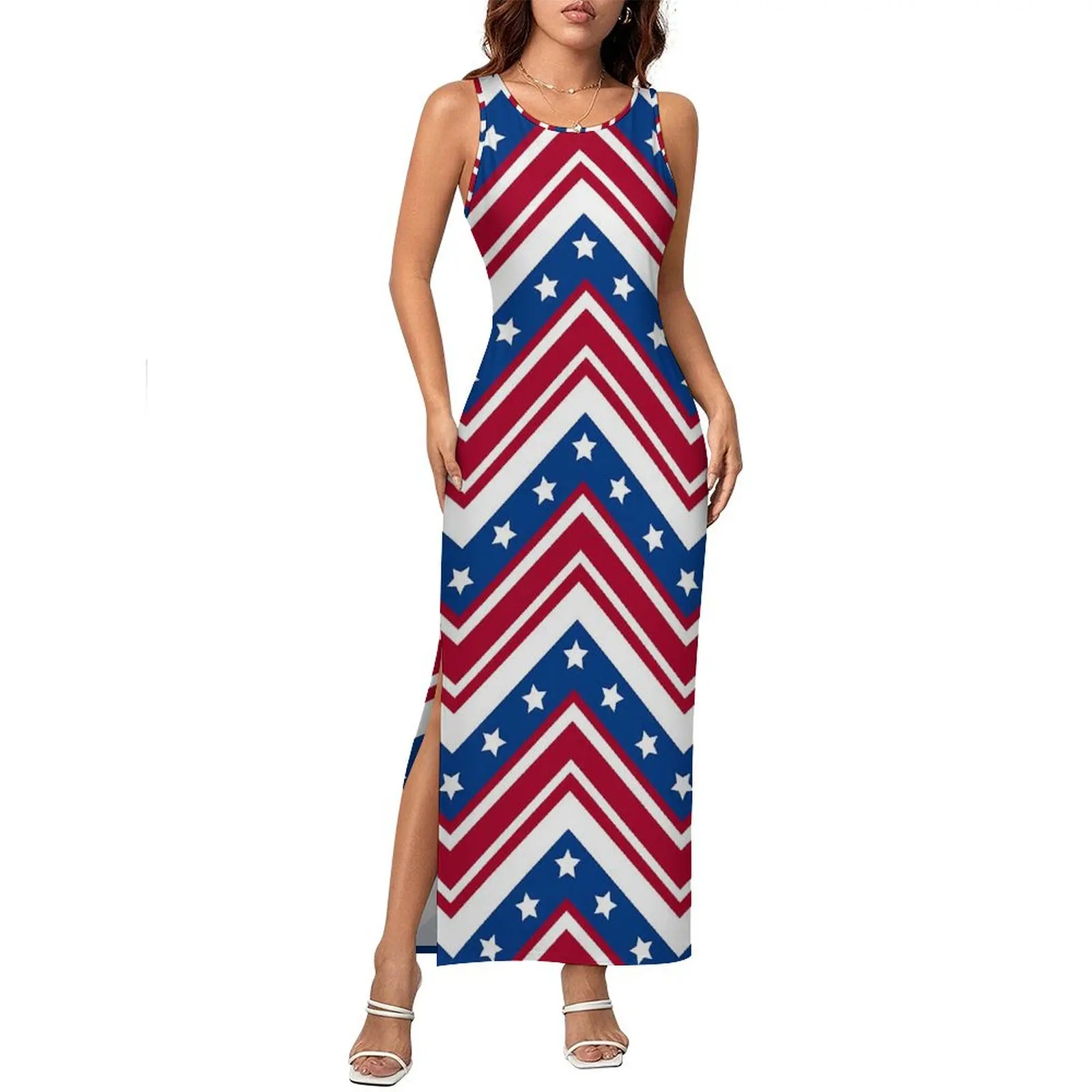 Abito aderente da donna Elegante bandiera USA Maxi abiti estivi Rosso bianco e blu Zigzag senza maniche Casual Y2k Abito fai da te personalizzato