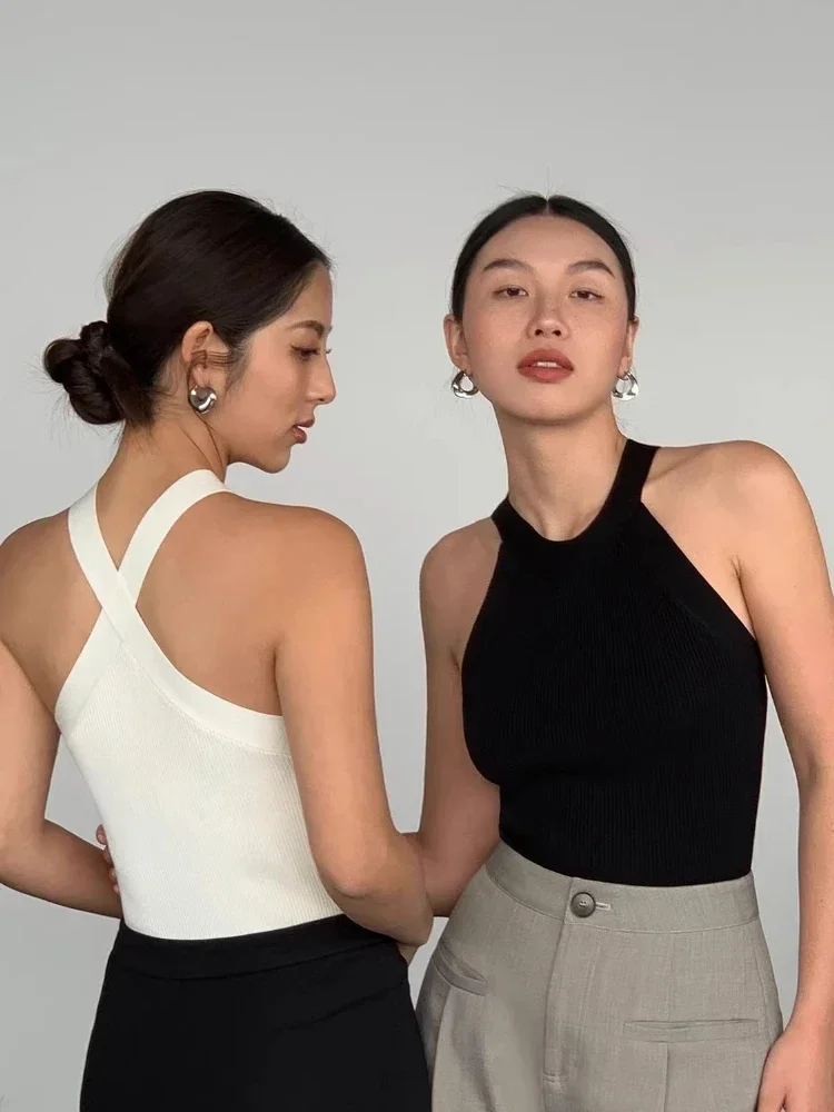 

Лето 2025 г., тонкий короткий топ, сексуальные женские топы без рукавов с лямкой на шее, однотонный черный/белый укороченный жилет, топы, оптовая продажа, свитера и джемперы