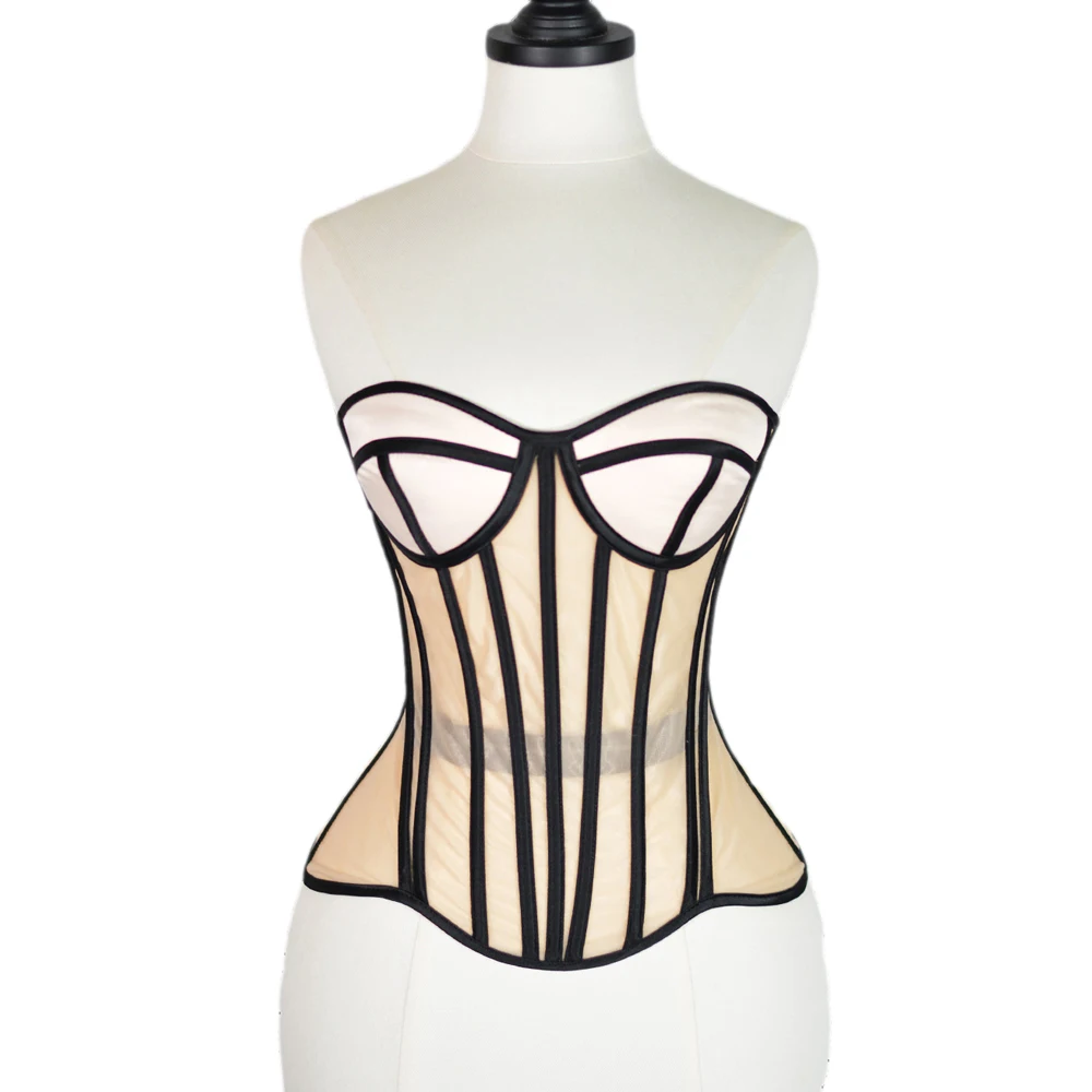 Women Corset Busiter With Cup Lace Up Steel Boned Transparent Mesh Bodice Wedding Party