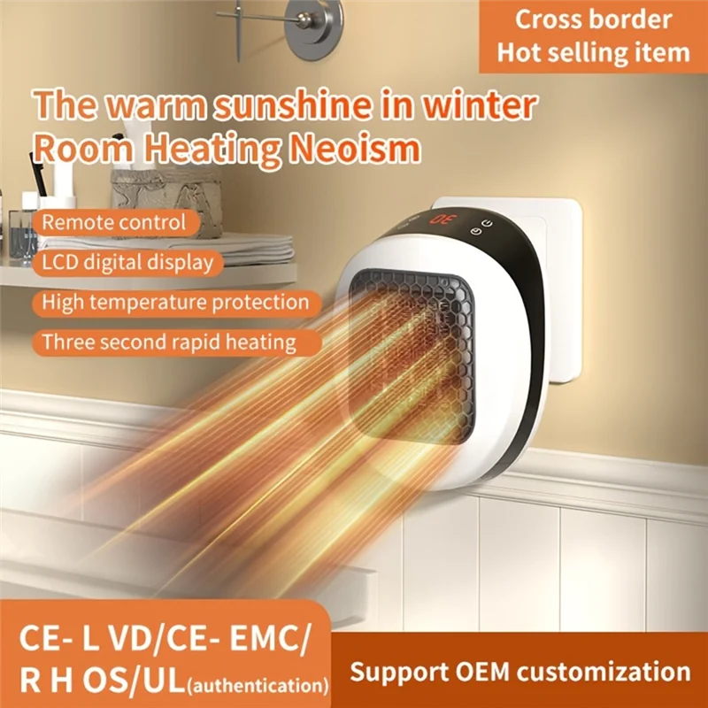 Y50A-Portable Heater,Remote Wall Plug Electric Space Heater With Adjustable Thermostat And LED Display, For Dorm Room US Plug