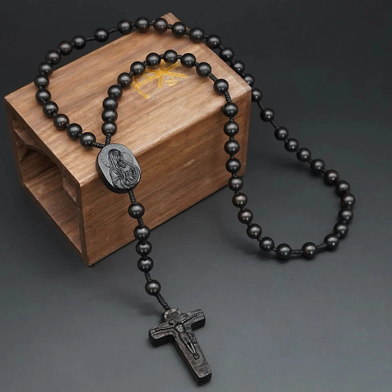 8mm/10mm Rosewood Ebony Bead Cross Pendant Necklace Men Woman Religious Jewelry Virgin Mary Jesus Rope Chain Beads Rosary