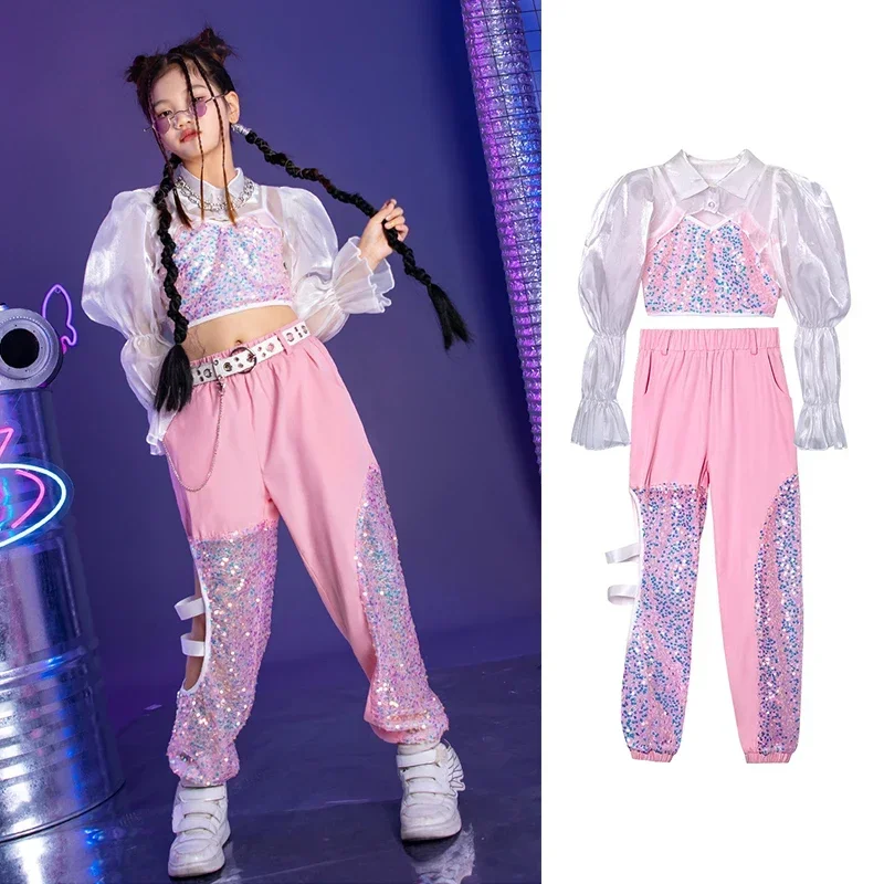 

Girls Sequins Jazz Dancing Stage Costume Puff Sleeve Tops Cargo Pants Kpop Clothing Festival Outfit Hip Hop Dancewear YS5289