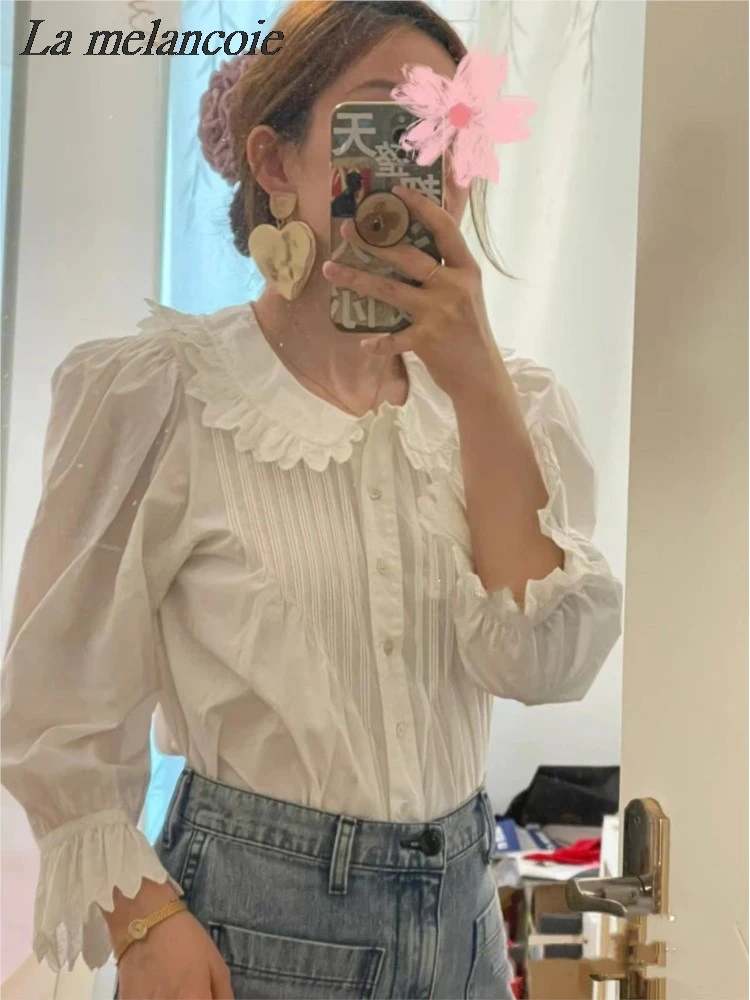 Ruffles Shirt Women Summer 2024 New French Embroidery Doll Collar Shirts Seven Points Bubble Sleeve Elegant Chic Blouse Tops