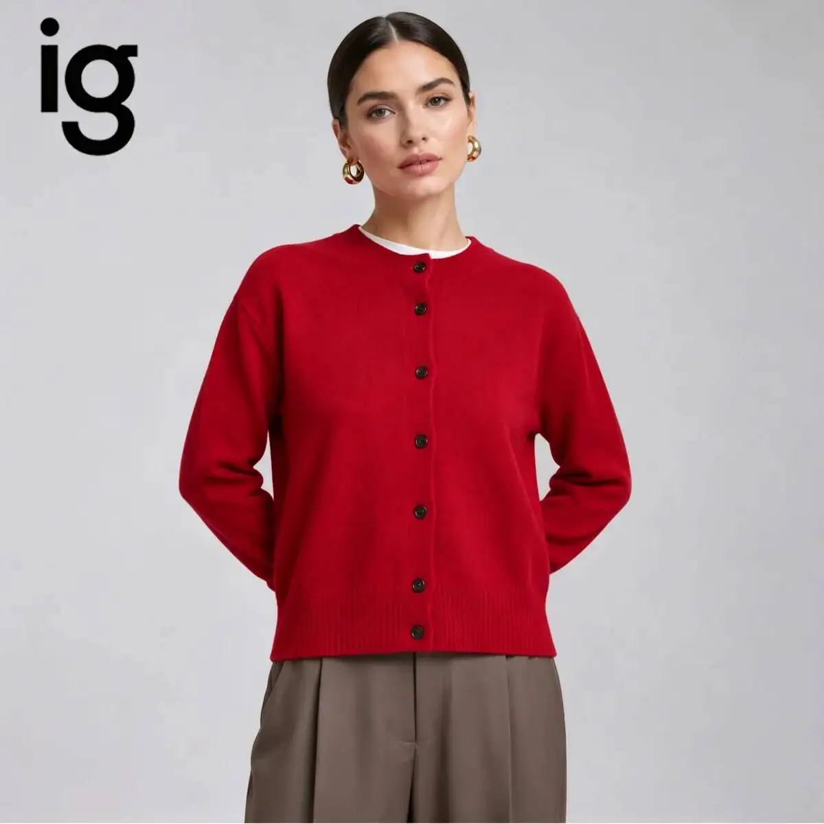 IG Women Red Crew Neck Knit Cardigan Long Sleeve Button Front Ribbed Cuff Hem Loose Cropped Soft Wool Blend Sweater Autumn