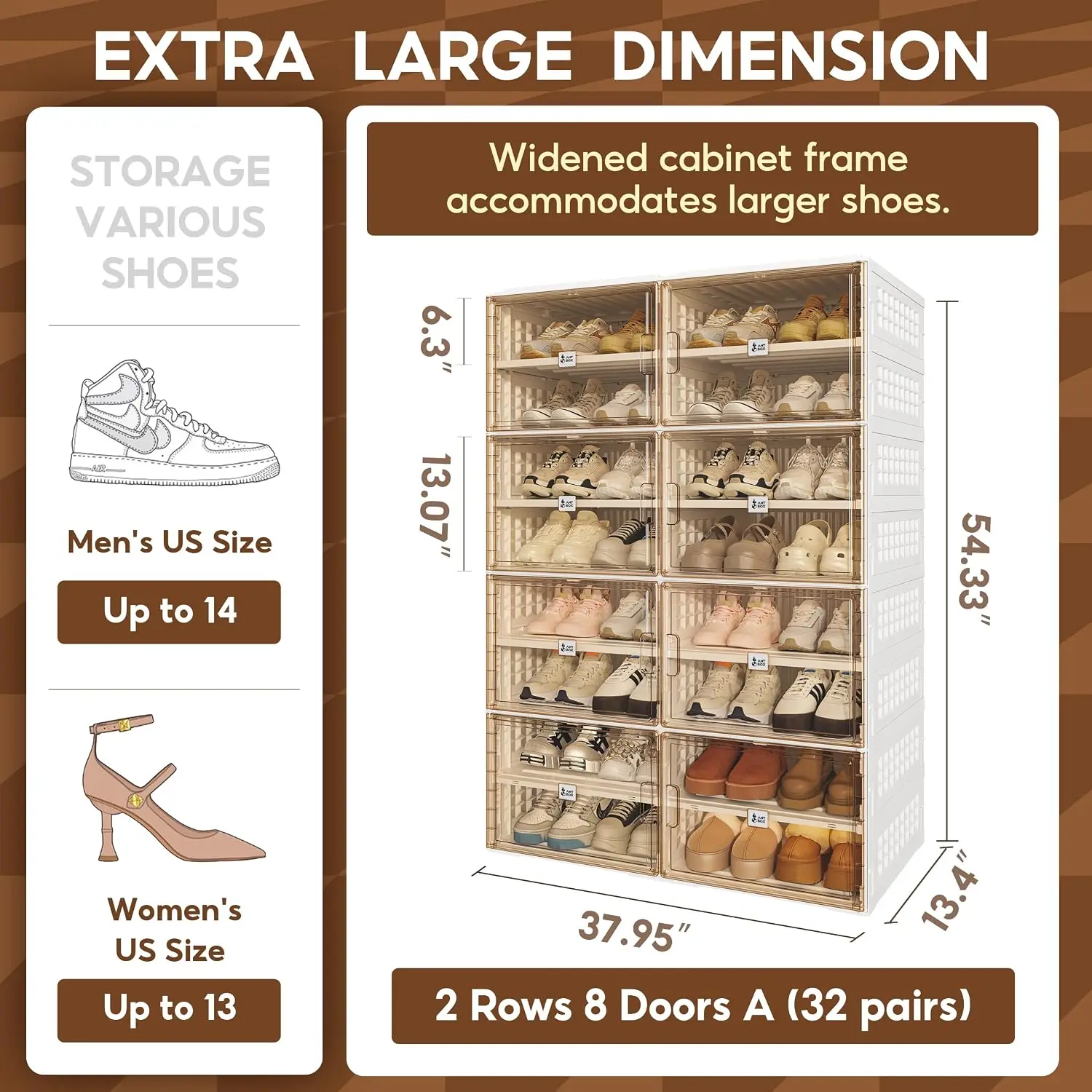 Foldable Shoe Rack with Clear Doors, Large Organizer for Entryway & Closet, Portable Storage Shelf Holds 32 Pairs, Customized