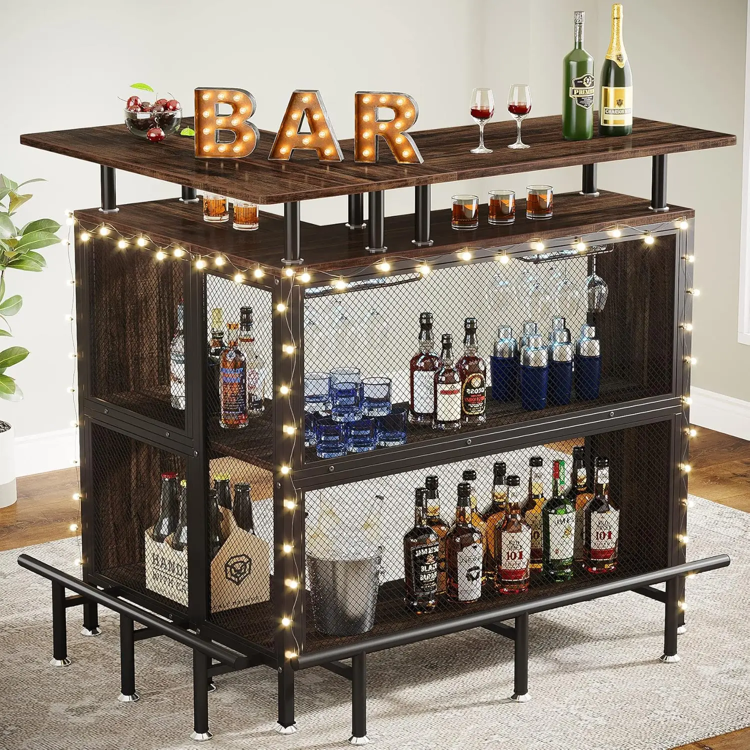 Home Bar Unit,L-Shaped Bar Table with Stemware Racks and 2-Tier Shelves,Corner Mini Coffee Liquor Cabinet with Footrest for Home