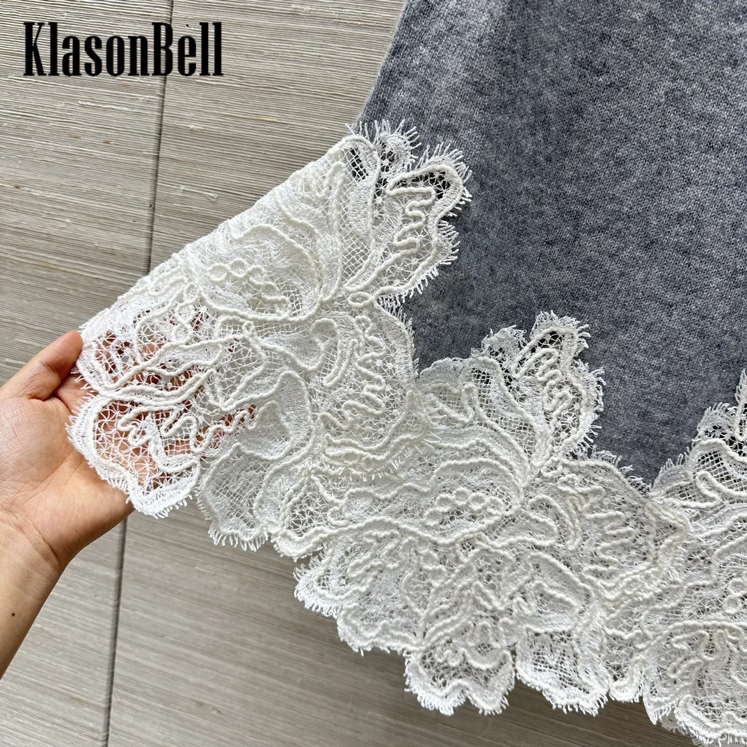 9.29 KlasonBell Women Clothes Contrast Color Hem Lace Spliced Cashmere Knitwear Temperament Sweet Short Sleeve T-Shirt