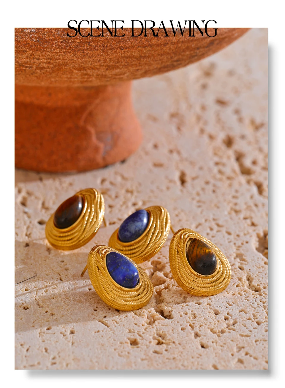 Yhpup Wassertropfen Naturstein Mode Geometrisch Täglich Ohrstecker Vintage Tiger Lapislazuli Charm Schmuck Gold Farbe PVD – Detail 14