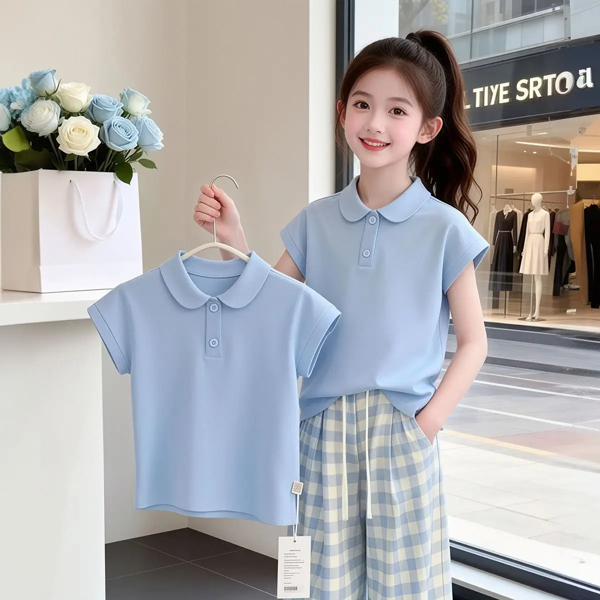 

2026 Summer New retro Girls street fashion light blue Teenager t-shirt cotton slim thin Clothes Toddler 4 8 to 10 12 year