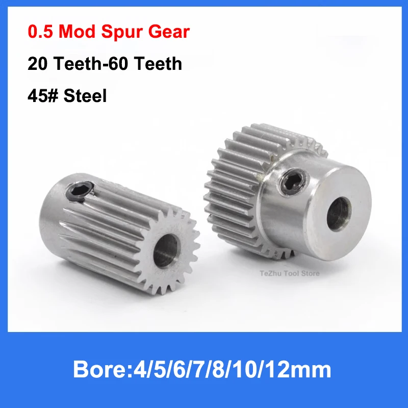 1Pc 0.5M Spur Gear 20T/22T/24T/25T/28T/30T/32T/35T/40T/50T/60T 45# Carbon Steel 0.5 Mod 20 Teeth-60 Teeth Material Bore 4mm-12mm