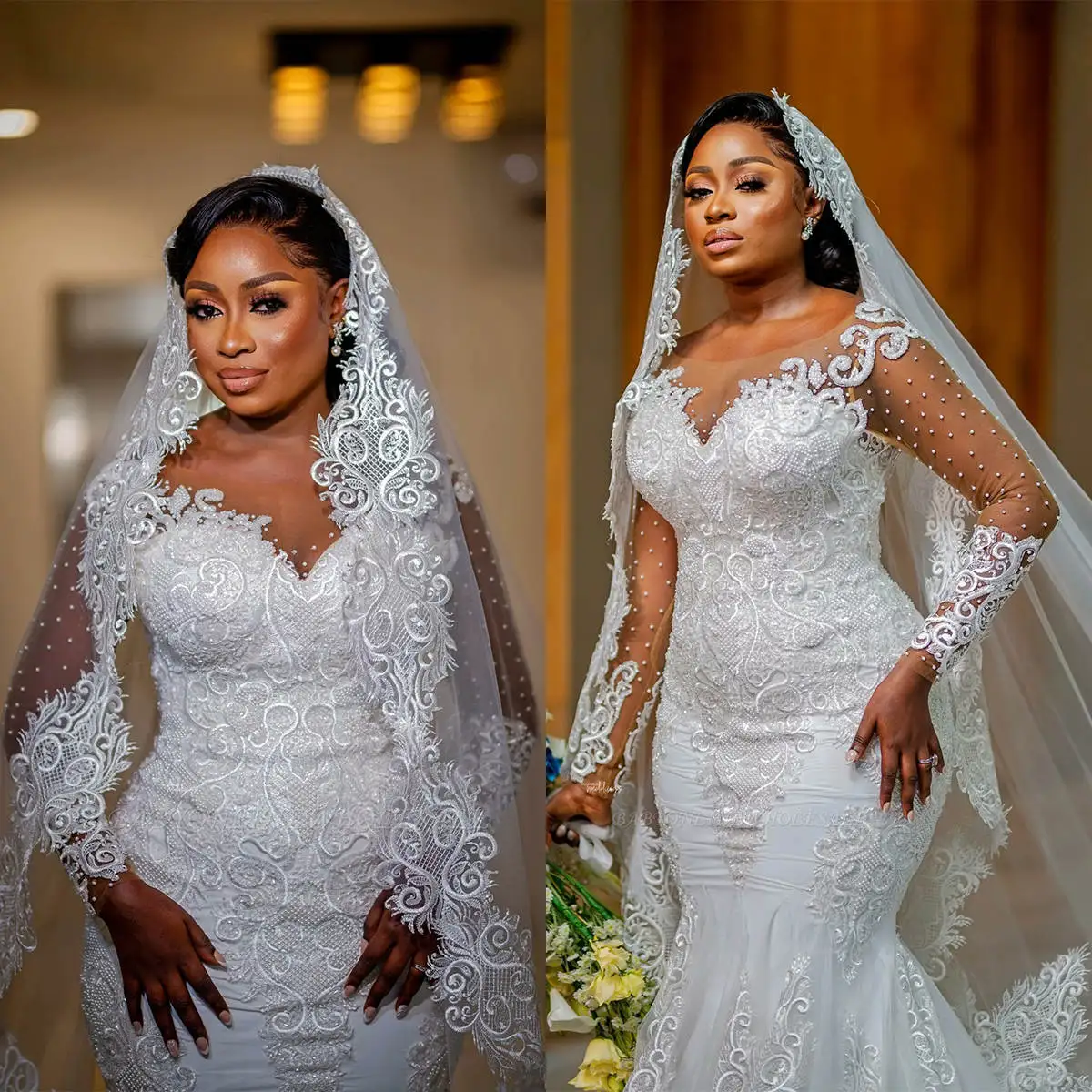 

Plus Size Mermaid Wedding Dress Sheer Jewel Neck Long Sleeve Bridal Gowns Lace Pearls Beading Birde Dresses With Veil