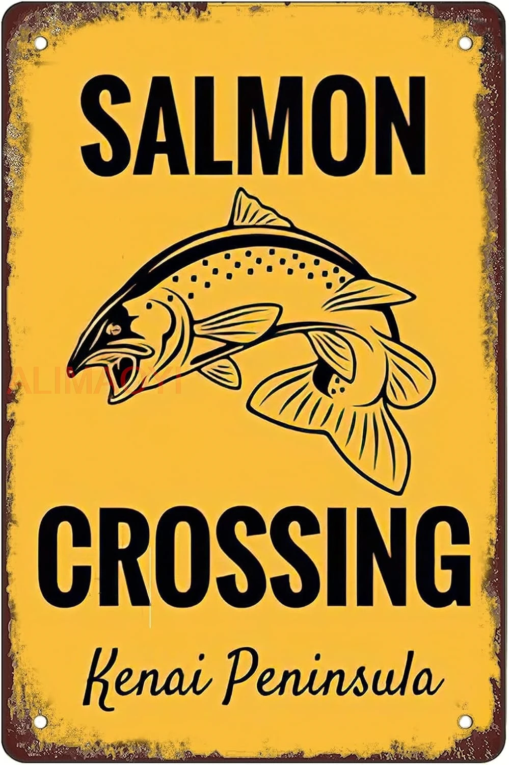 Retro Funny Metal Sign Sheet Signs Tin Sign,Salmon Crossing，fishing ,outdoor Home Wall Decoration, size:8 x 12.