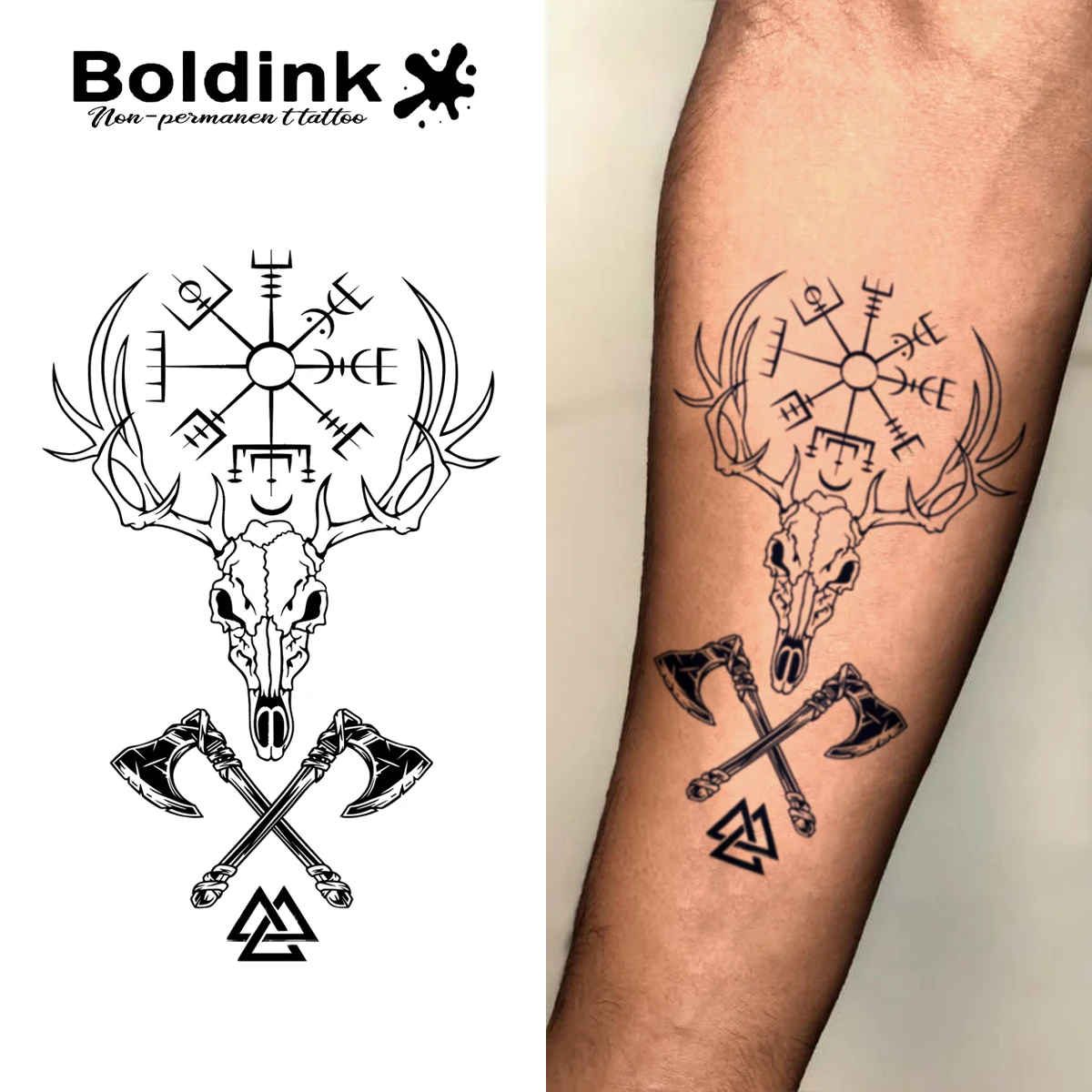 

BOLDINK Nordic Deer Head Rune Tattoo Sticker Waterproof Easy Apply Trendy Long-Lasting Color Retention 1-2 Weeks Removal