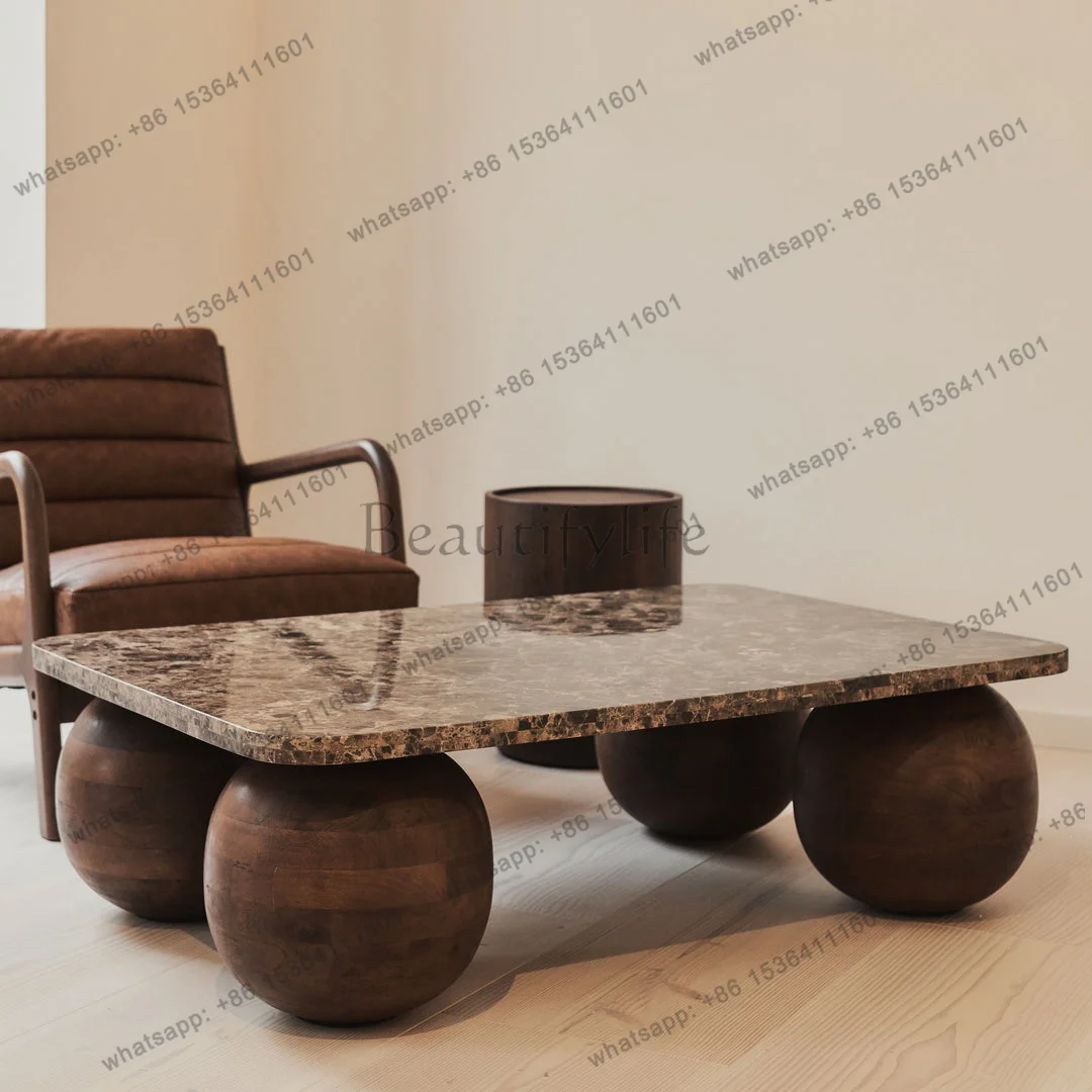 

Medieval wabi-sabi wind solid wood marble coffee table French retro household small apartment coffee table