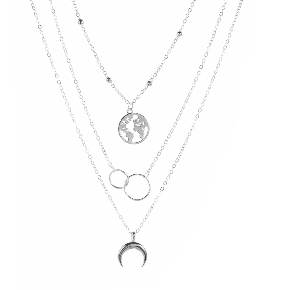 2024 New Fashion Retro Moon World Map Circle Pendant Multilayer Necklace Party Charm Jewelry Accessories For Women Gifts A0287