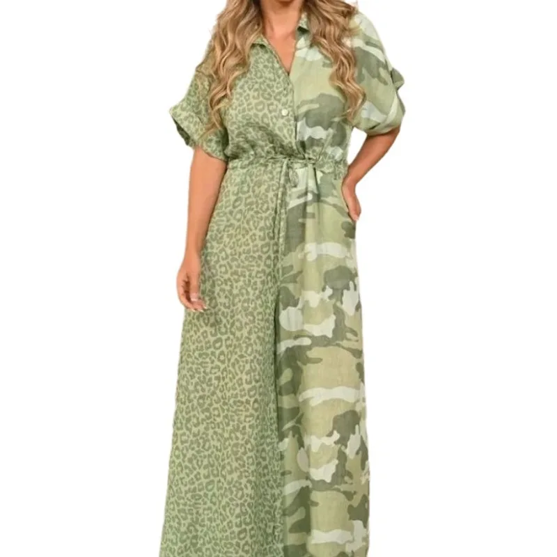 Luipaardprint Patchwork Camouflage Jumpsuits Dames Mode Leace-Up Mouwloze Wijde Pijpen Jumpsuit Dames Lente Zomer Nieuw