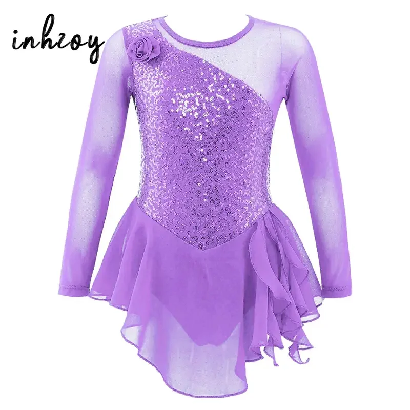 Girls Figure Ice Skating Dress Sparkly Sequin Gymnastics Dance Ballet Tutu Leotard Kids Long Sleeve Mesh Splice Dance Costume