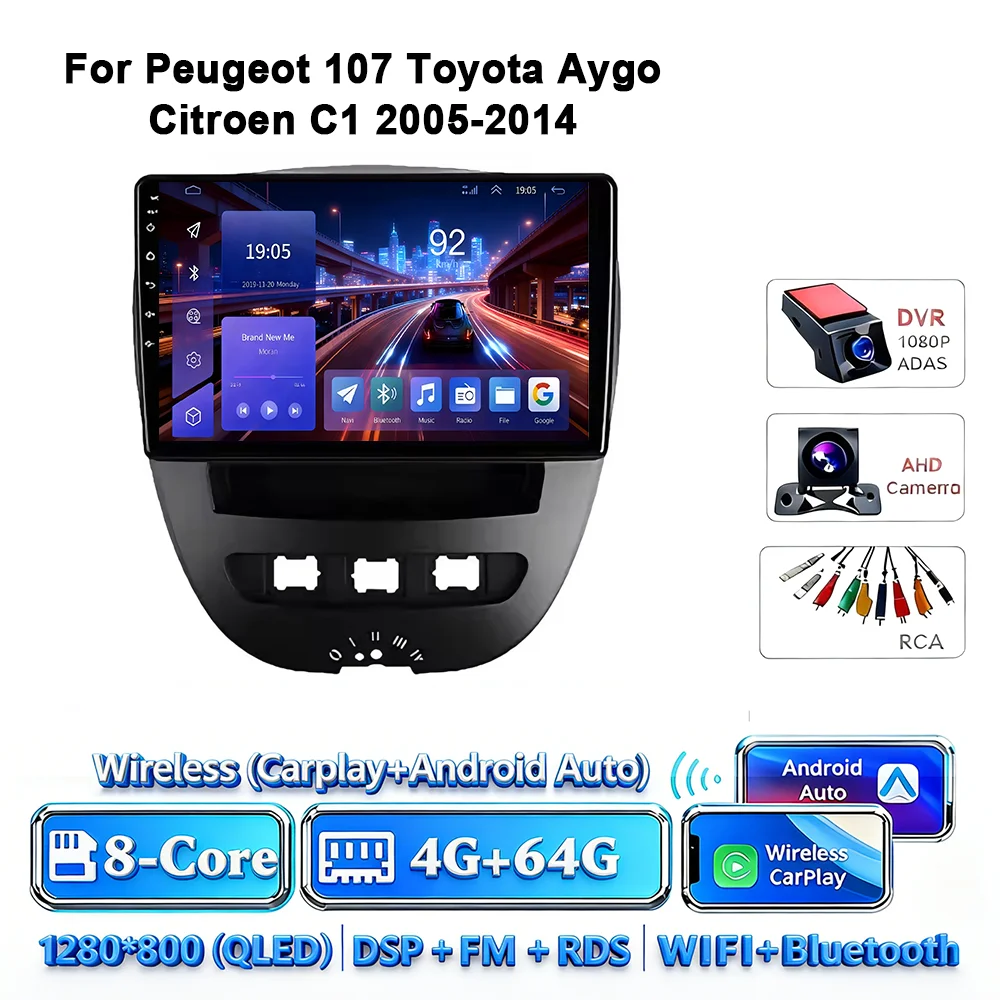 Android 17 Carplay Auto 4G WIFI autoradio voor Peugeot 107 Toyota Aygo Citroen C1 2005-2014 GPS BT DSP touchscreen multimedia