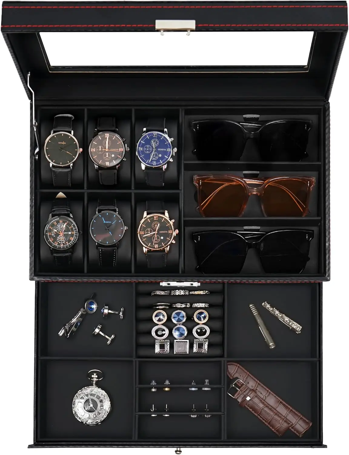 

Watch Box for Men with 6 Slots & Sunglasses Organizer, Lockable PU Leather Jewelry Storage Case with Drawer for Rings Bracelets