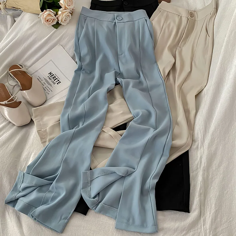 

Women Solid Color Split Chiffon Flared Long Pants 2021 Summer Autumn Elegant Office Ladies Trousers Simple Wide Leg Long Pants