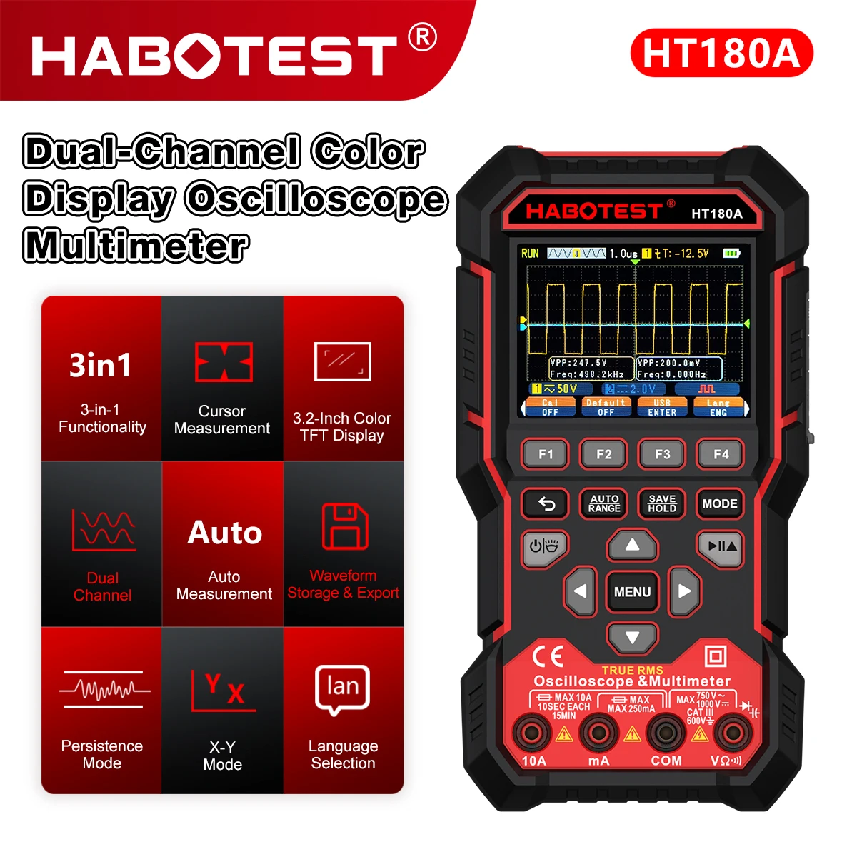 HABOTEST Multifunction Oscilloscope Multimeter Digital Waveform Tester Portable Signal Generator 50MHz 100MSa/s Sampling HT180A