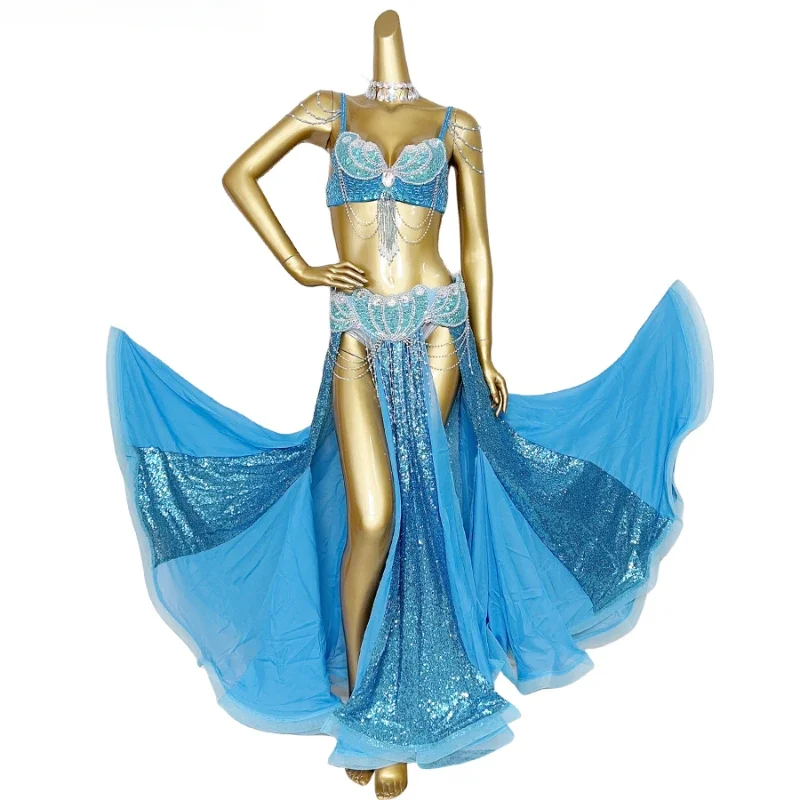 Neues Perlen-Bauchtanz-Kostüm-Set Professionell für Frauen Sexy Bühnen-Performance-Outfit 3-teiliges Set Karneval Tänzerin Kostüm
