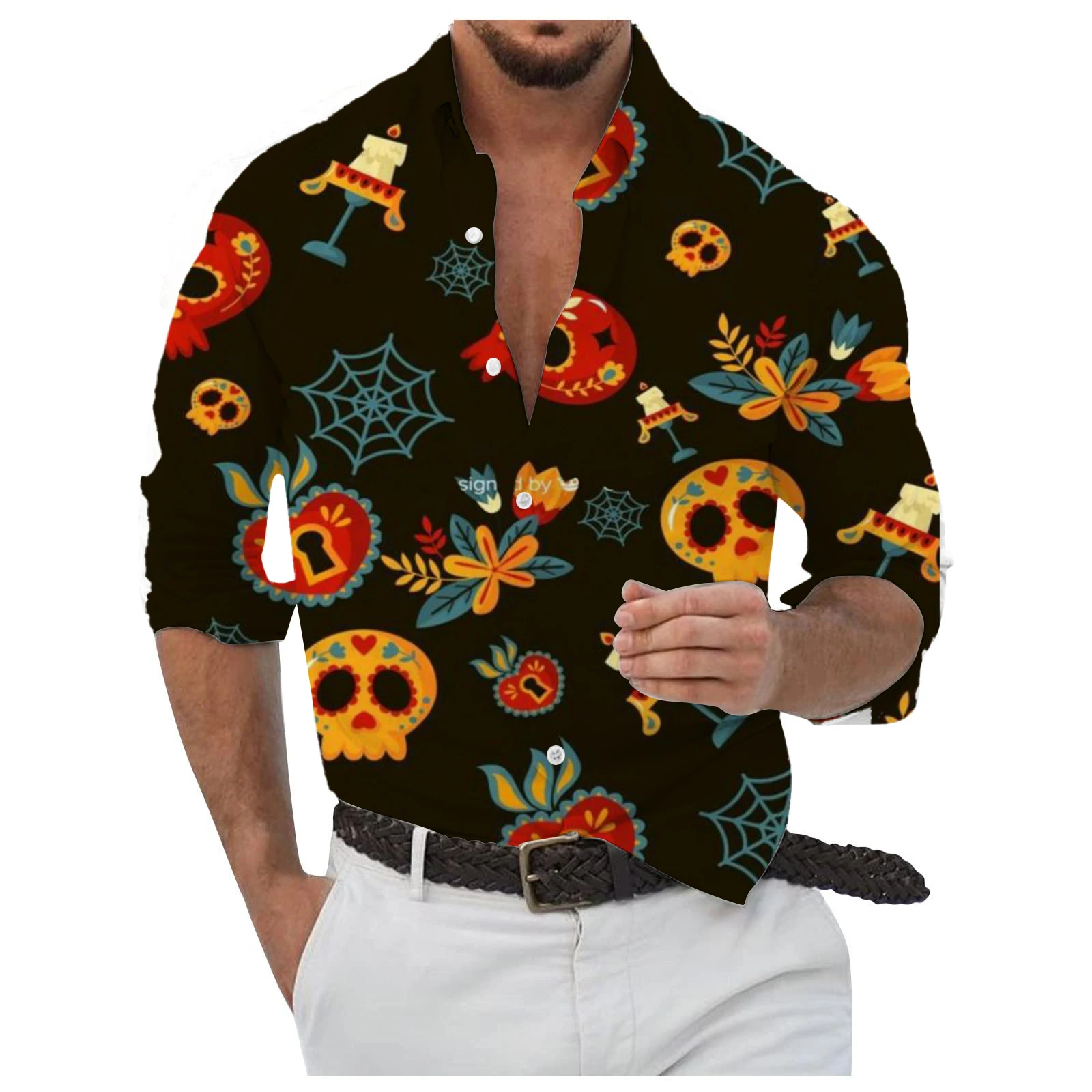 Camisa de manga larga con gráficos de calavera de azúcar de México para hombre, Tops transpirables, camisa de manga larga con patrón temático de halloween, cuello vuelto