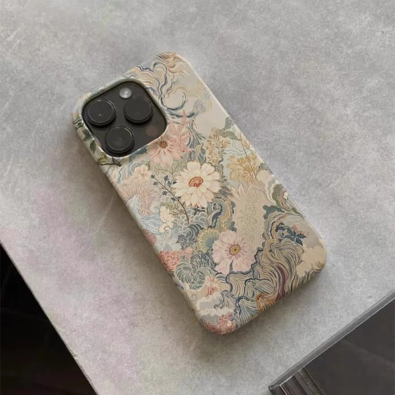 Requintado estilo chinês padrão floral delicada paleta de cores caso de telefone para iphone 16 15 14 11 12 13 pro max plus capa traseira