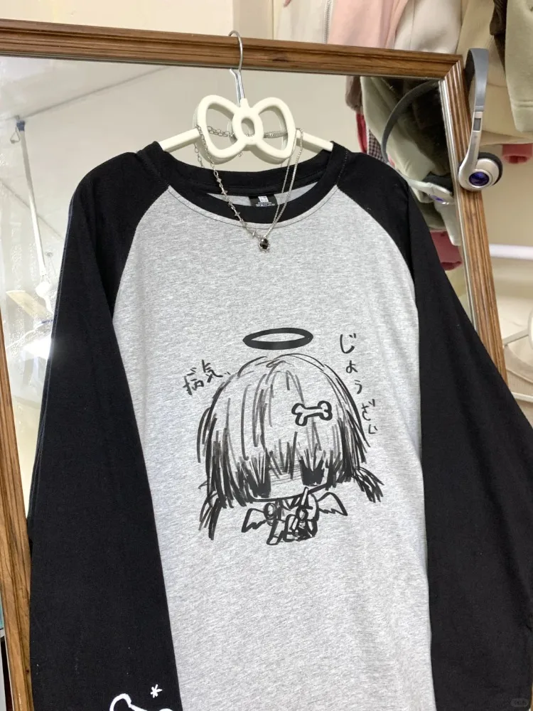 Japanese Cute Anime Angel Girl Color Matching Loose Cute T-shirt Long Raglan Sleeve Pullover Hip Hop Cartoon Y2K Top Loose Goth