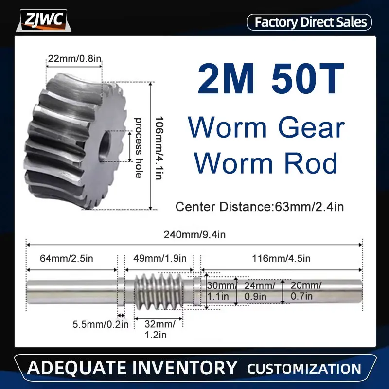 

1pcs 2 Modulus 50 Teeth Reducer Worm Gear Process Hole And 2M Worm Rod Transmission Ratio 1:50 45# Steel For CNC Parts