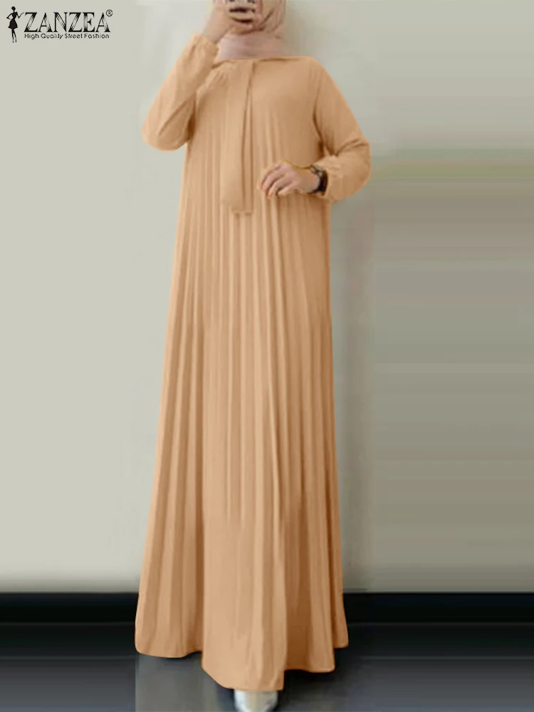 ZANZEA Loose Casual Muslim Abaya Plisse Robes Autumn 2024 Long Sleeve Islamic Women Dress with Necktie O Neck Pleated Vestidos