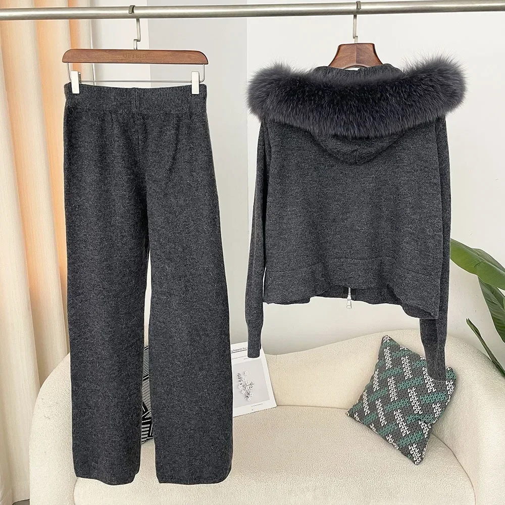 OFTBUY Strickwaren Herbst und Winter Modischer Pulloveranzug Damen Hose Kapuzenjacke mit abnehmbarem Fuchspelzkragen Pelzmantel