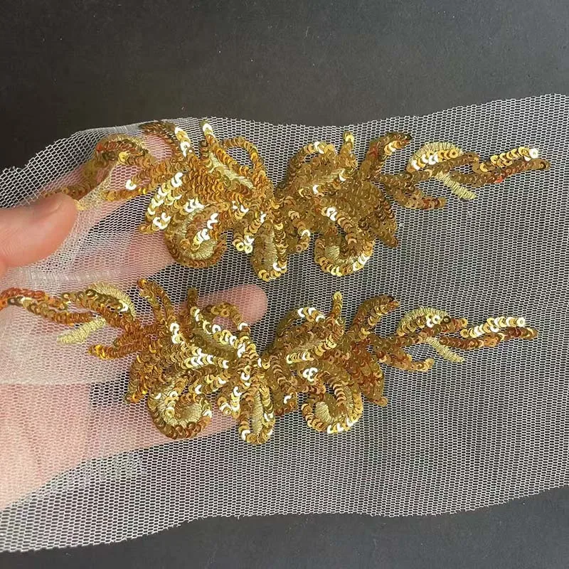 3-teiliges Set, Goldene Pailletten-Blumen-Stickerei-Spitzenapplikation zum Aufnähen, Exquisite Verzierung, Nähzubehör für Hochzeitskleider, Mieder – Detail 2