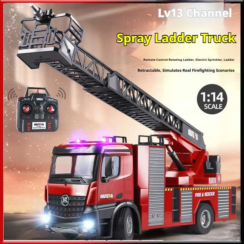 Huina 2026 New Alloy Remote Control Fire Truck Large Size Spray Water 270 Rotating Ladder Engineering Vehicle Toy For Adults