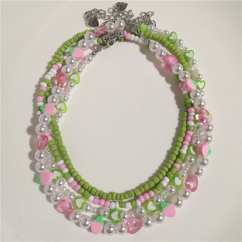 Korean Trendy Retro Cute Pink Green Pearl Peach Heart Necklace For Female Girl Party EMO Grunge Y2K Harajuku Jewelry Accessory