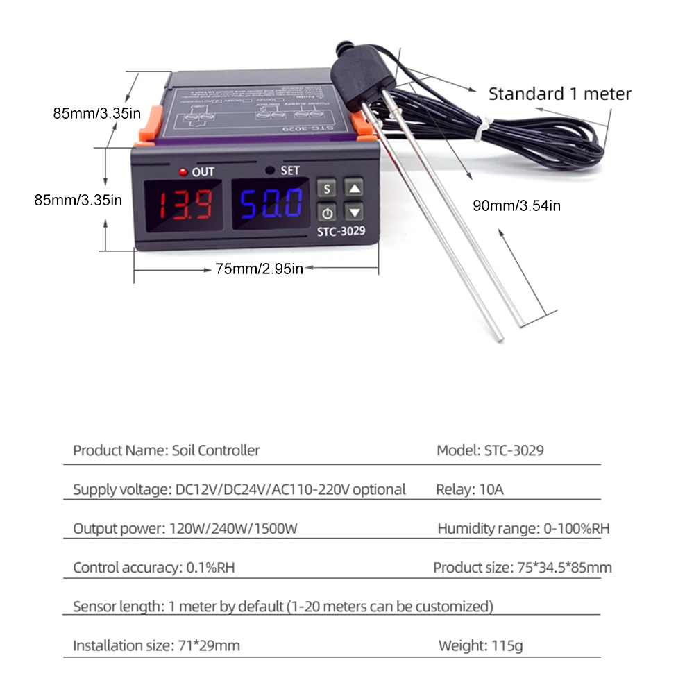 STC-3029/STC-3030 DC 12V 24V AC 220V Dual Digital Humidity Control Hygrometer Incubator Controller Soil Moisture Detector