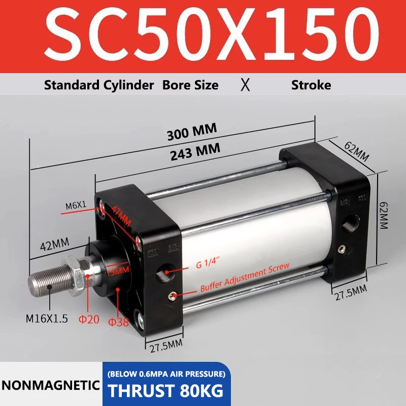 ABILKEEN SC50X150 Standard Pneumatic Cylinder 50mm Bore Size X 150 MM Stroke Double Acting Air Standard Cylinder