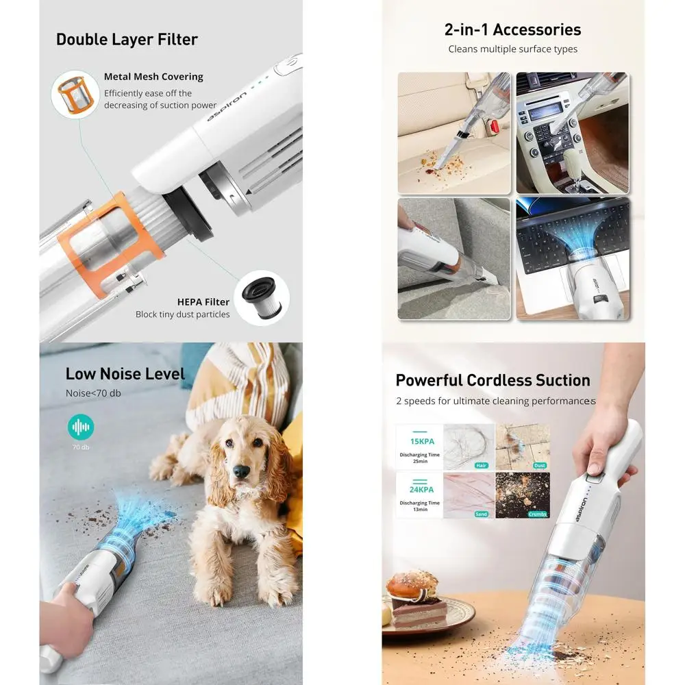 

Powerful 24KPA 2-Speed Portable Vacuum Cleaner with Dual Charging Options, Ergonomic Handle, Suitable for Car and Home, Cream Wh