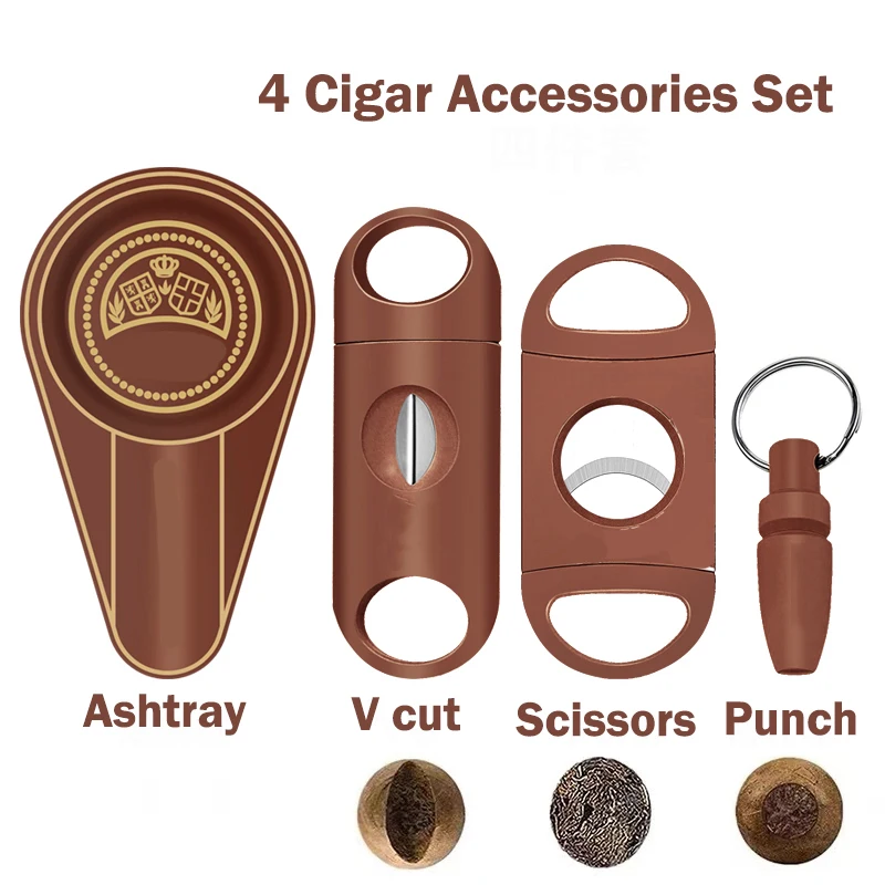 2024 Brown Cigar Cutter Set Pocket Ashtray V-Cut Sharp Cigar Scissors Guillotine Puncher Knife Gadget Cuba Cigar Accessories