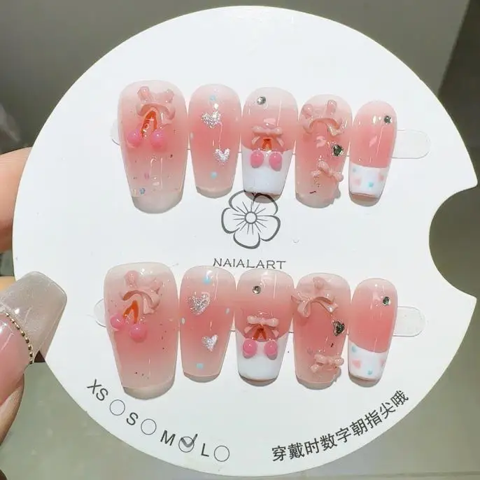 

10PCS Pink Bowknot Cherry Short Coffin Handmade Press on Nails Full Cover Sweet Blush French Fake Nail Acrylic Wearable Nail Art