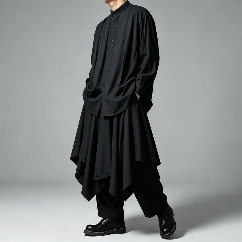 Men'S Casual Pants, Dark, Asymmetrical Layered Design, Loose-Fitting, High-Waisted, Wide-Leg Trousers, A173