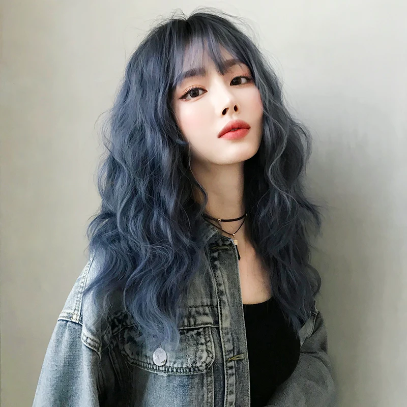 7JHH WIGS Shoulder Length Curly Wave Blue Wigs with Dark Roots High Density Synthetic Layered Deep Blue Hair Wig for Women Daily