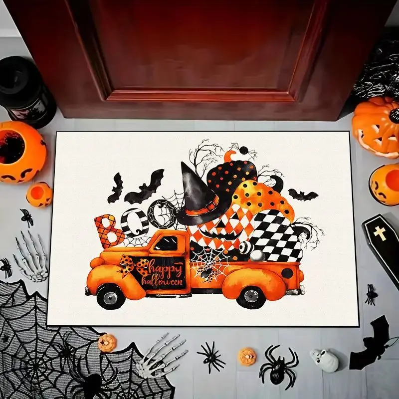 VIKAMA Watercolor Retro Halloween Pickup Pumpkin Witch Hat Mat, Non-Slip Entrance Rug for Foyer & Bathroom, Artistic Decor