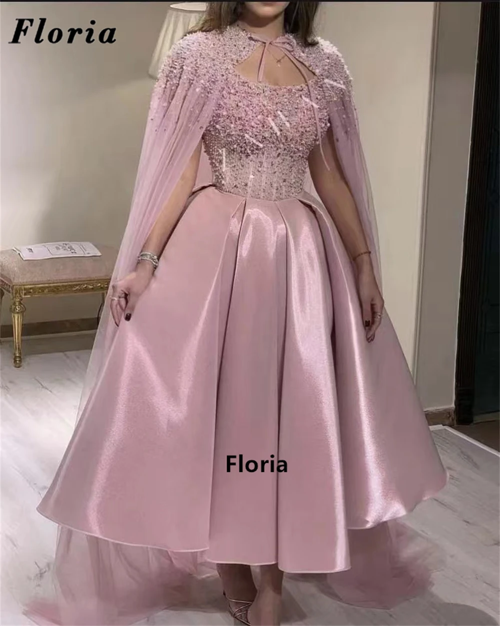 

Floria Ankle Length Pink Beaded Evening Dresses Robes De Soiree Customize Crystal Cocktail Dress With Beading Jacket Party Dress