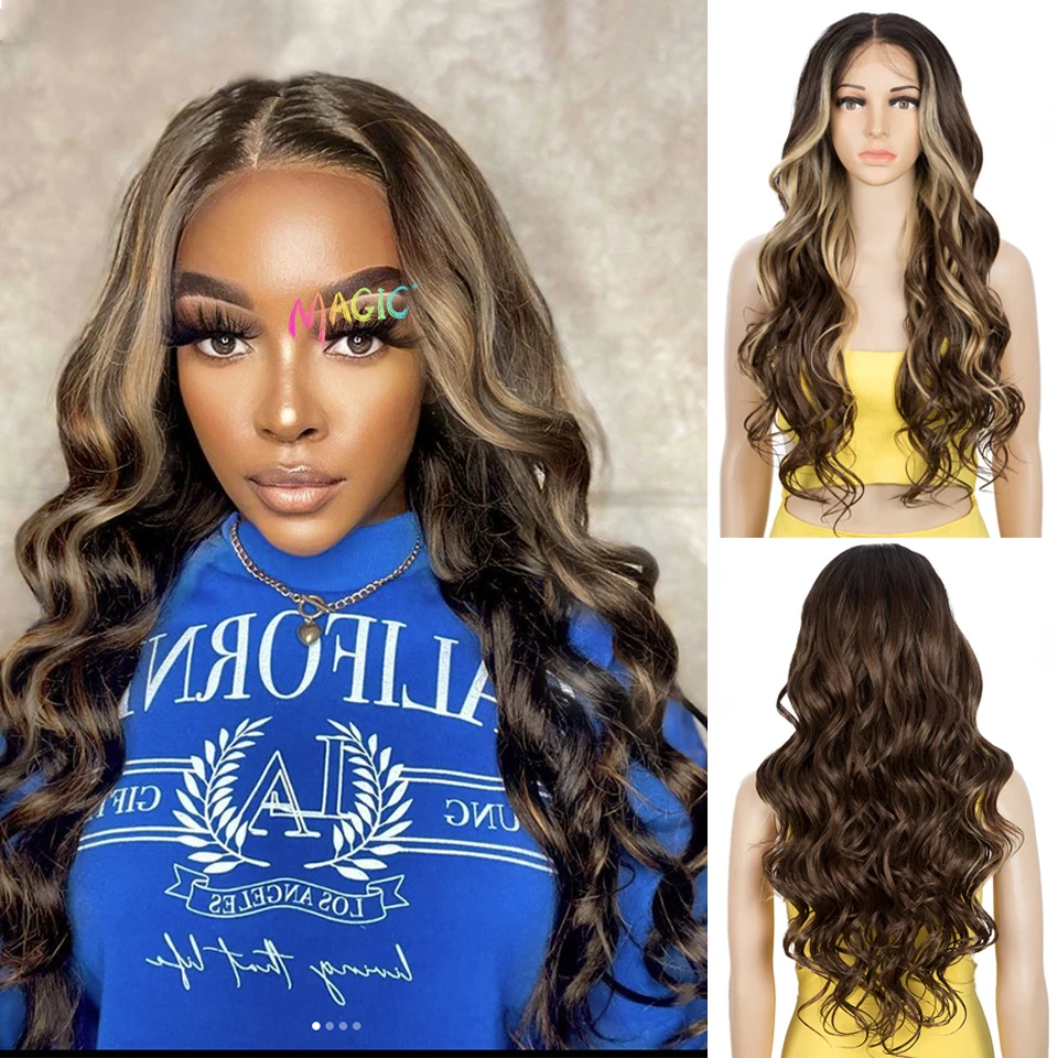

Волшебные синтетические кружевные передние парики для женщин, длинные волнистые волосы 30 дюймов, волнистый длинный парик с T-образной частью, парик для косплея блонд, имбиря, синего цвета с эффектом омбре
