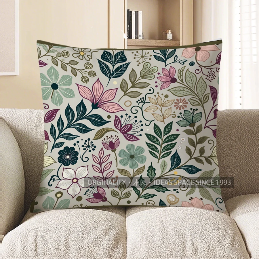Vintage Botanical Floral Pillow Cover, Retro Green Leaves Flower Print Square Cushion Case, Soft Polyester Decorative Pillowcase